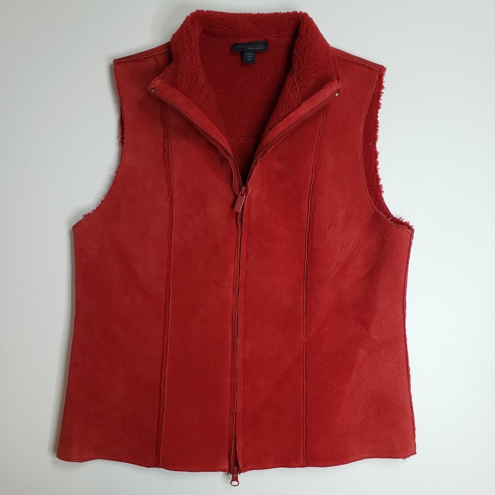Express Suede Leather Shearling Vest Size M Red Western Boho Duel zipper Vintage